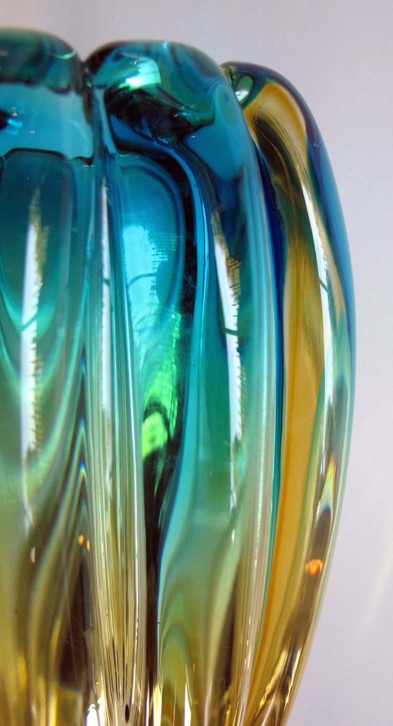 Shimmering Pr of Murano Melon-Ribbed Teal&Gold Art Glass Vases; Barovier&Toso In Excellent Condition In San Francisco, CA