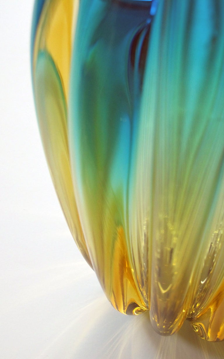 Italian Shimmering Pr of Murano Melon-Ribbed Teal&Gold Art Glass Vases; Barovier&Toso