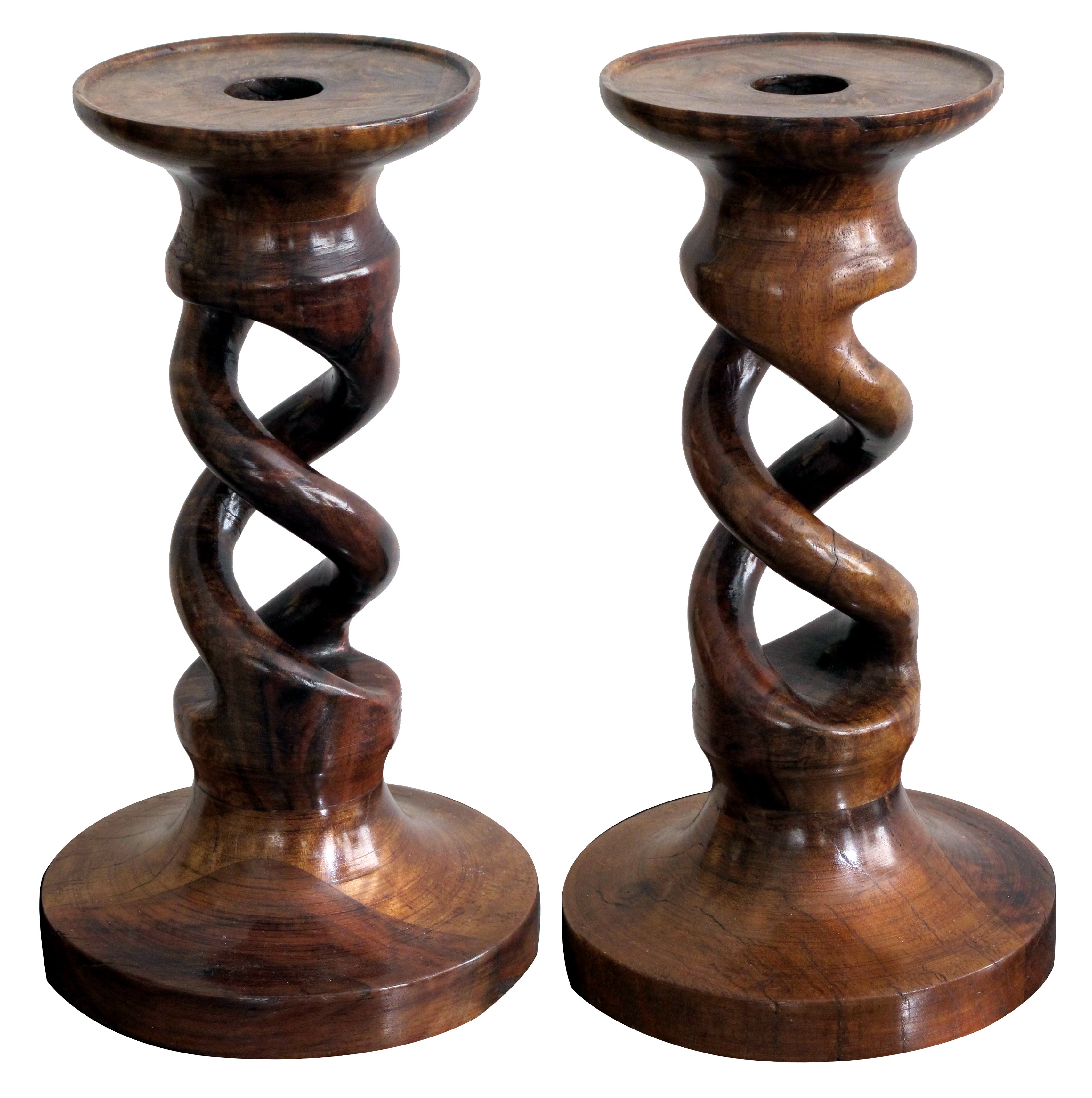 A Well-Carved Pair of English Treenware Barley Twist Candlesticks