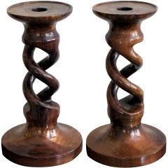Antique A Well-Carved Pair of English Treenware Barley Twist Candlesticks