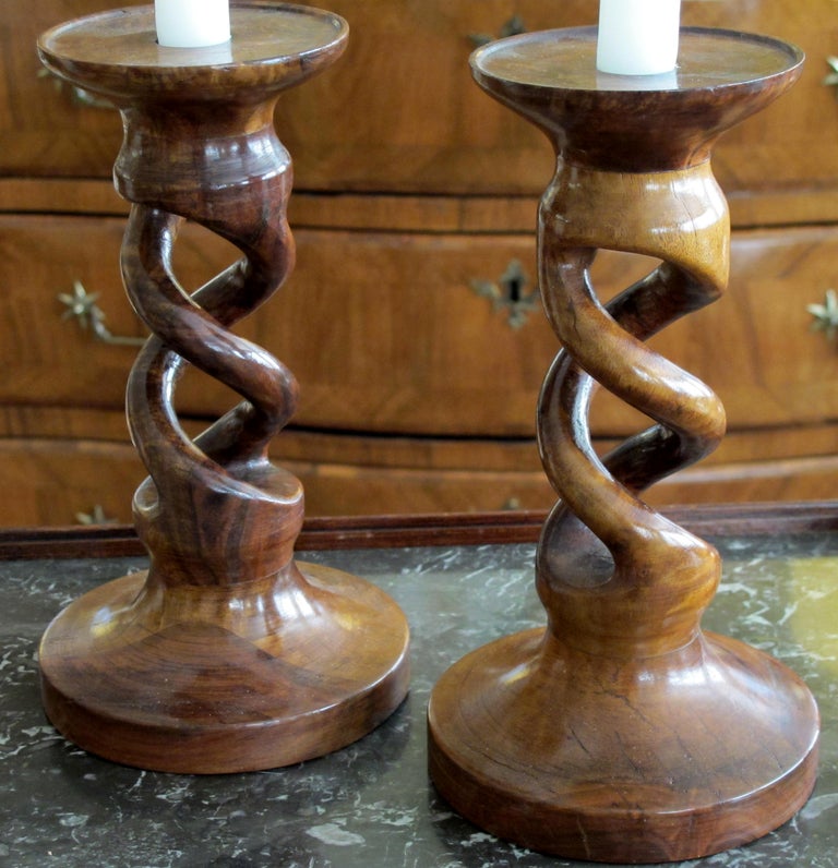 19th Century A Well-Carved Pair of English Treenware Barley Twist Candlesticks
