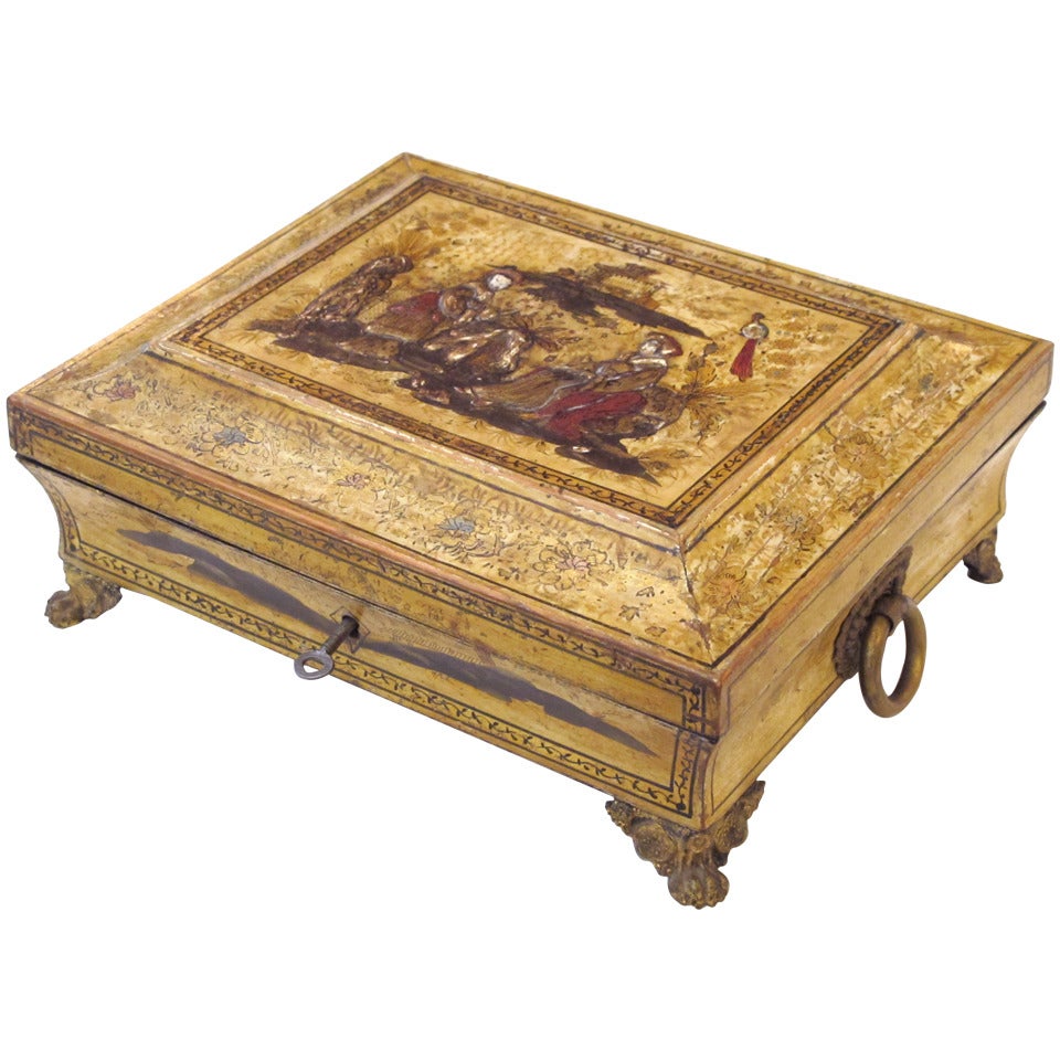 Elegant English Regency Yellow-Lacquered Chinoiserie Jewelry Box For Sale