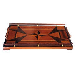 A Handsome English Rectangular Tray with Star Inlay, Wood Gallery and Handles