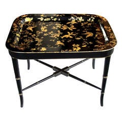 Elegant English Black Papier Mache Tray on Stand w Gilt-Lacquered Butterfiles