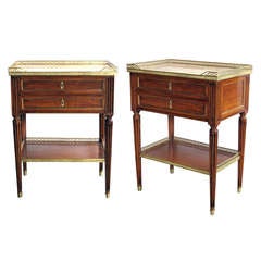 Antique A Good-Quality Pair of French Louis XVI Style Walnut 3-Drawer Side Tables with Marble Tops