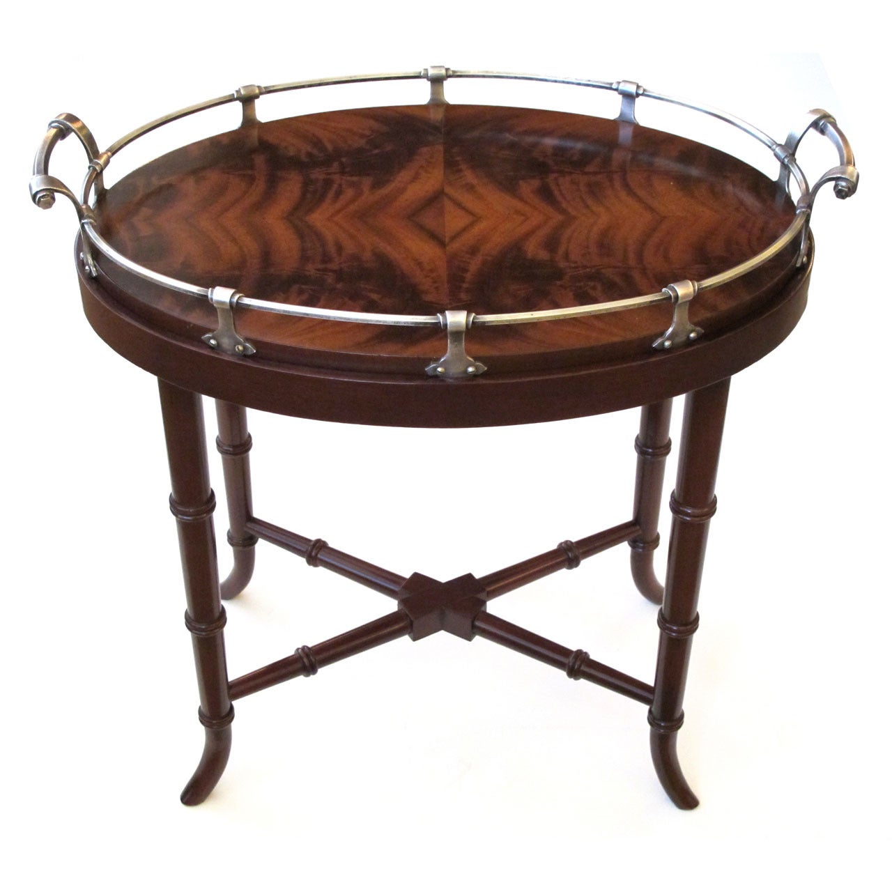 A Richly-Patinated English Crotch Mahogany Oval Tray with Pewter Gallery Raised on a Later Stand