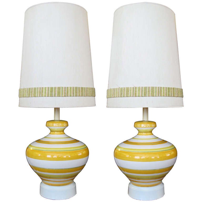 A Vibrant Pair of Italian 1960's Ovoid-Shaped Ceramic Lamps wth Bold Striping