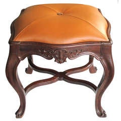 A Handsome & Well-Carved Portuguese Rococo Style Square Rosewood Stool w/Leather Upholstery