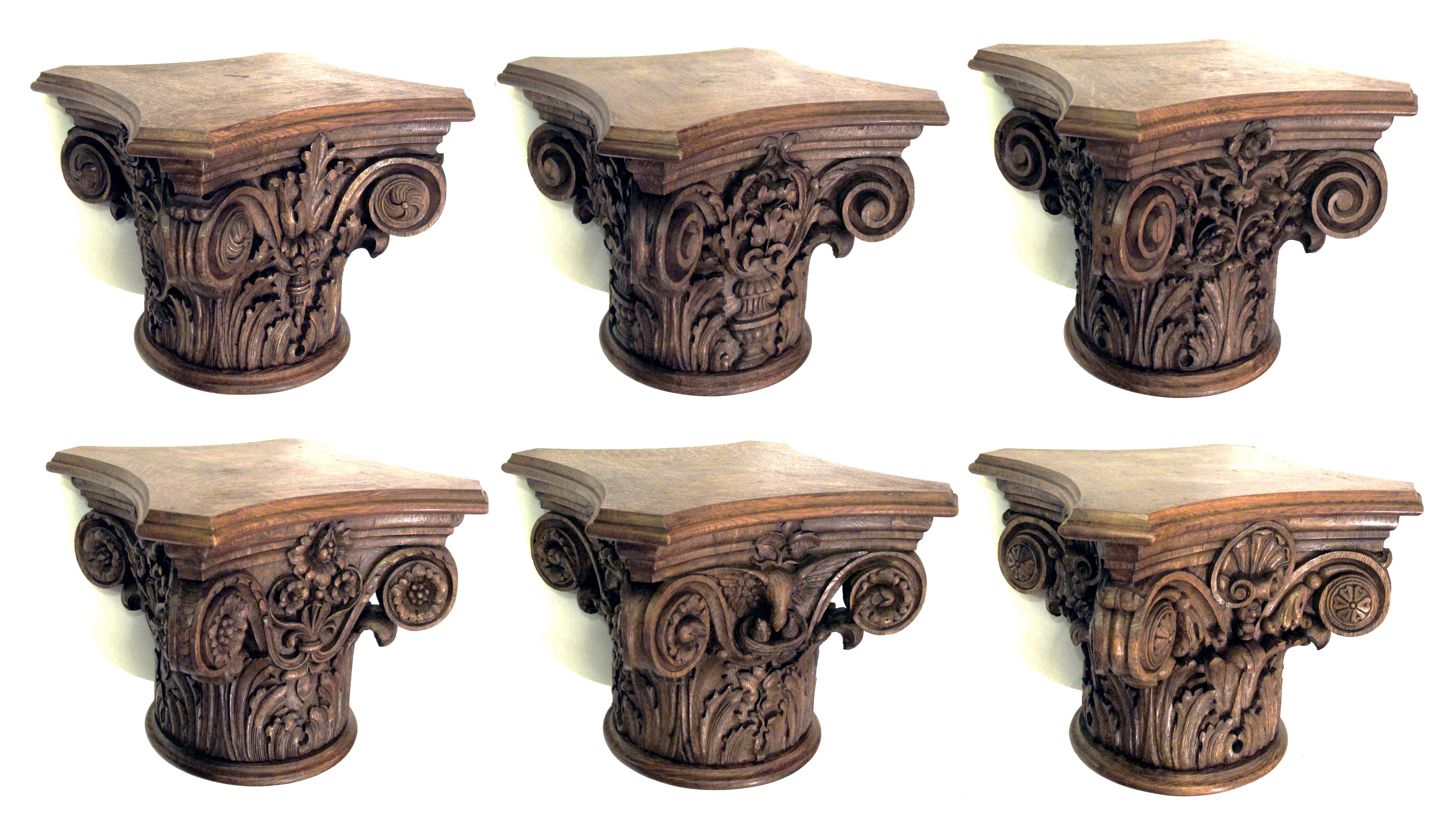 A Finely Carved Set of 6 English Oak Corinthian Capitals