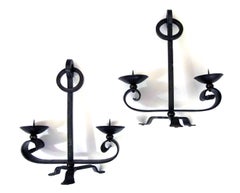 Handsome Pair of English Arts & Crafts Wrought Iron Two-Arm Tripod Candelabras