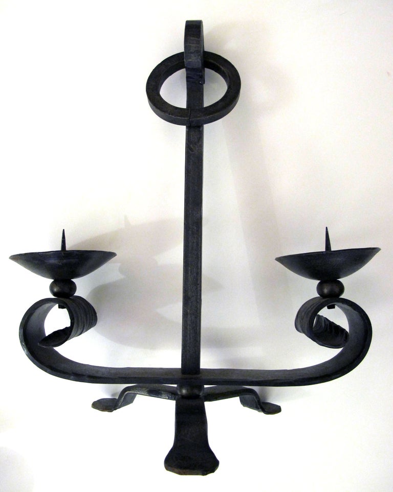 Handsome Pair of English Arts & Crafts Wrought Iron Two-Arm Tripod Candelabras In Good Condition In San Francisco, CA