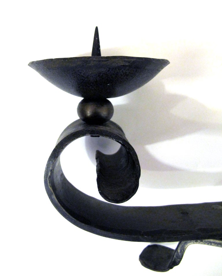 Arts and Crafts Handsome Pair of English Arts & Crafts Wrought Iron Two-Arm Tripod Candelabras