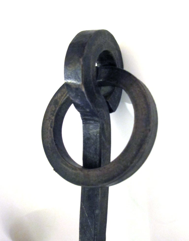 Handsome Pair of English Arts & Crafts Wrought Iron Two-Arm Tripod Candelabras