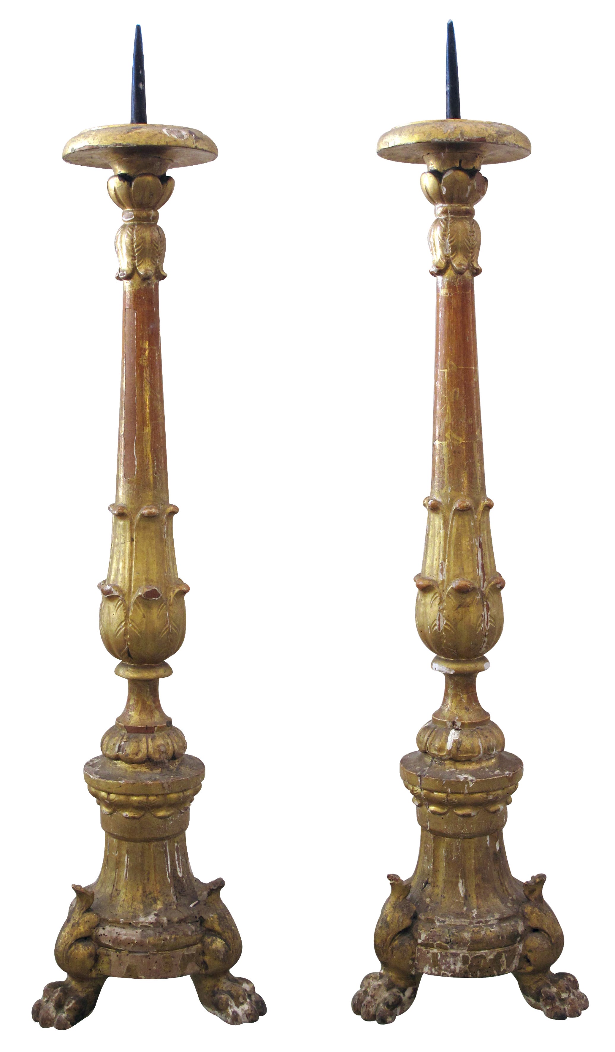 A Large & Striking Pair of Italian Baroque Style Giltwood Tripod Pricket Sticks For Sale