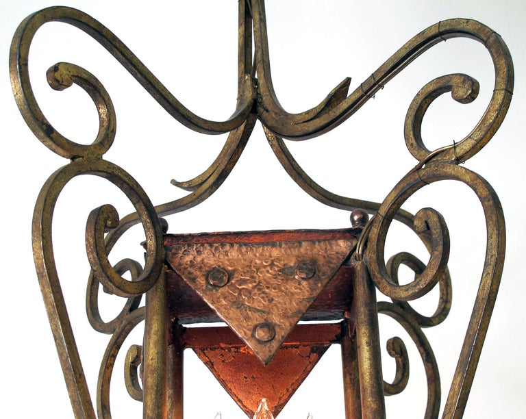 A Unique French Transitional Arts&Crafts 4-Light Gilt-Iron Quadrangular Lantern In Good Condition In San Francisco, CA