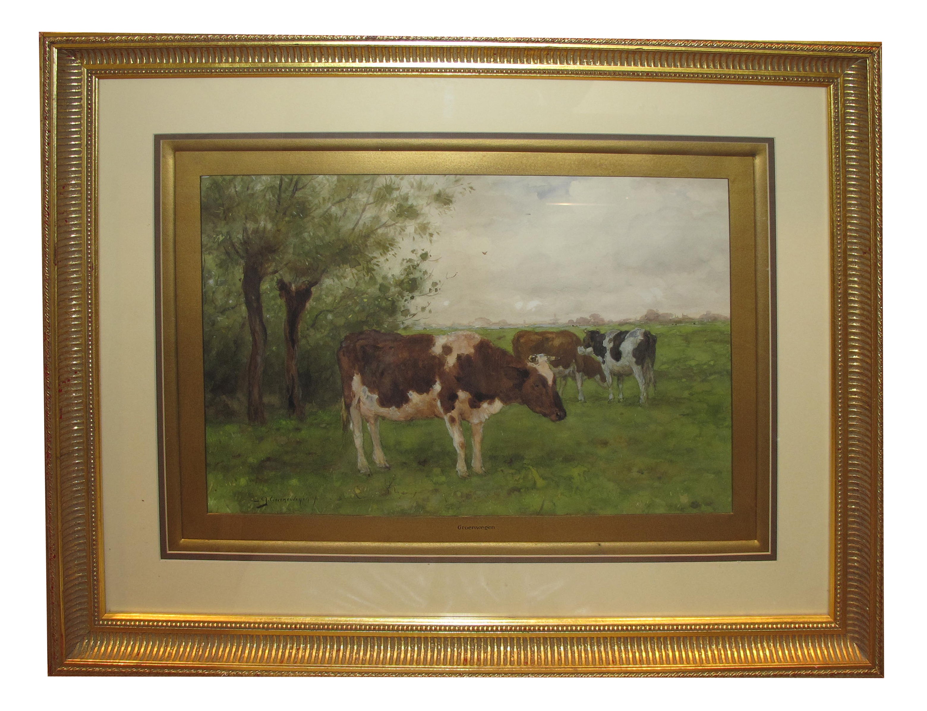 Aquarelle d'un paysage néerlandais serein représentant 3 vaches broutant dans un champ, par Andrianus Groenewegene en vente