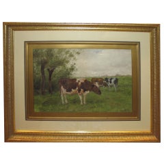 A Serene Dutch Landscape Watercolor Painting of 3 Cows Grazing in a Field; by Andrianus Groenewegene