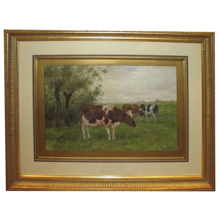 Serene niederländische Landschaft, Aquarellgemälde von 3 Kühen, Grazing in a Field, von Andrianus Groenewegene