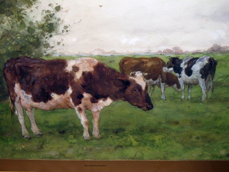 Aquarelle d'un paysage néerlandais serein représentant 3 vaches broutant dans un champ, par Andrianus Groenewegene Excellent état - En vente à San Francisco, CA
