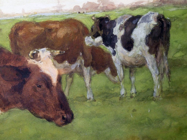 Néerlandais Aquarelle d'un paysage néerlandais serein représentant 3 vaches broutant dans un champ, par Andrianus Groenewegene en vente