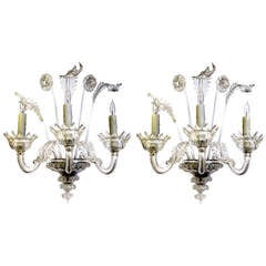 Vintage A Graceful Pair of Italian Murano 1950's Clear-Glass, 3-Arm Wall Lights