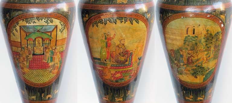 Indian Exceptionally Large Pair of Kashmiri Indo-Persian Lacquered Copper Vases For Sale
