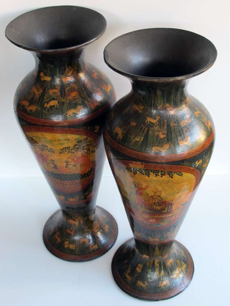 19th Century Exceptionally Large Pair of Kashmiri Indo-Persian Lacquered Copper Vases For Sale
