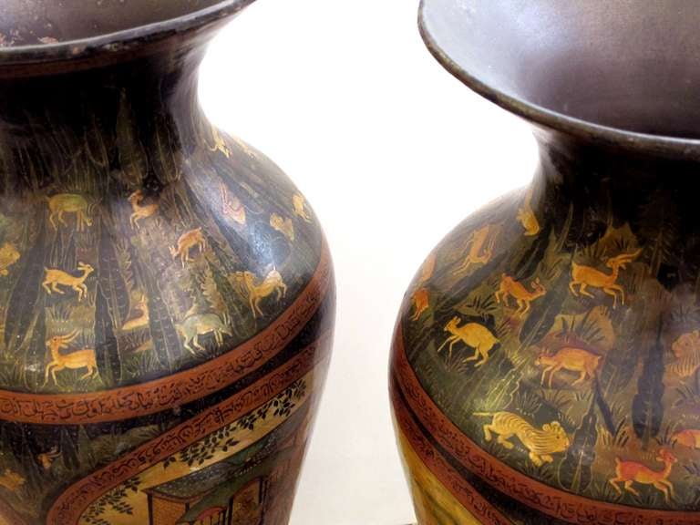 Exceptionally Large Pair of Kashmiri Indo-Persian Lacquered Copper Vases For Sale 1