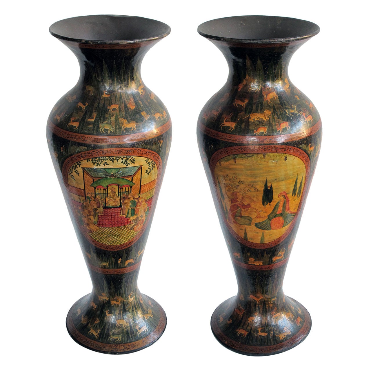 Exceptionally Large Pair of Kashmiri Indo-Persian Lacquered Copper Vases For Sale