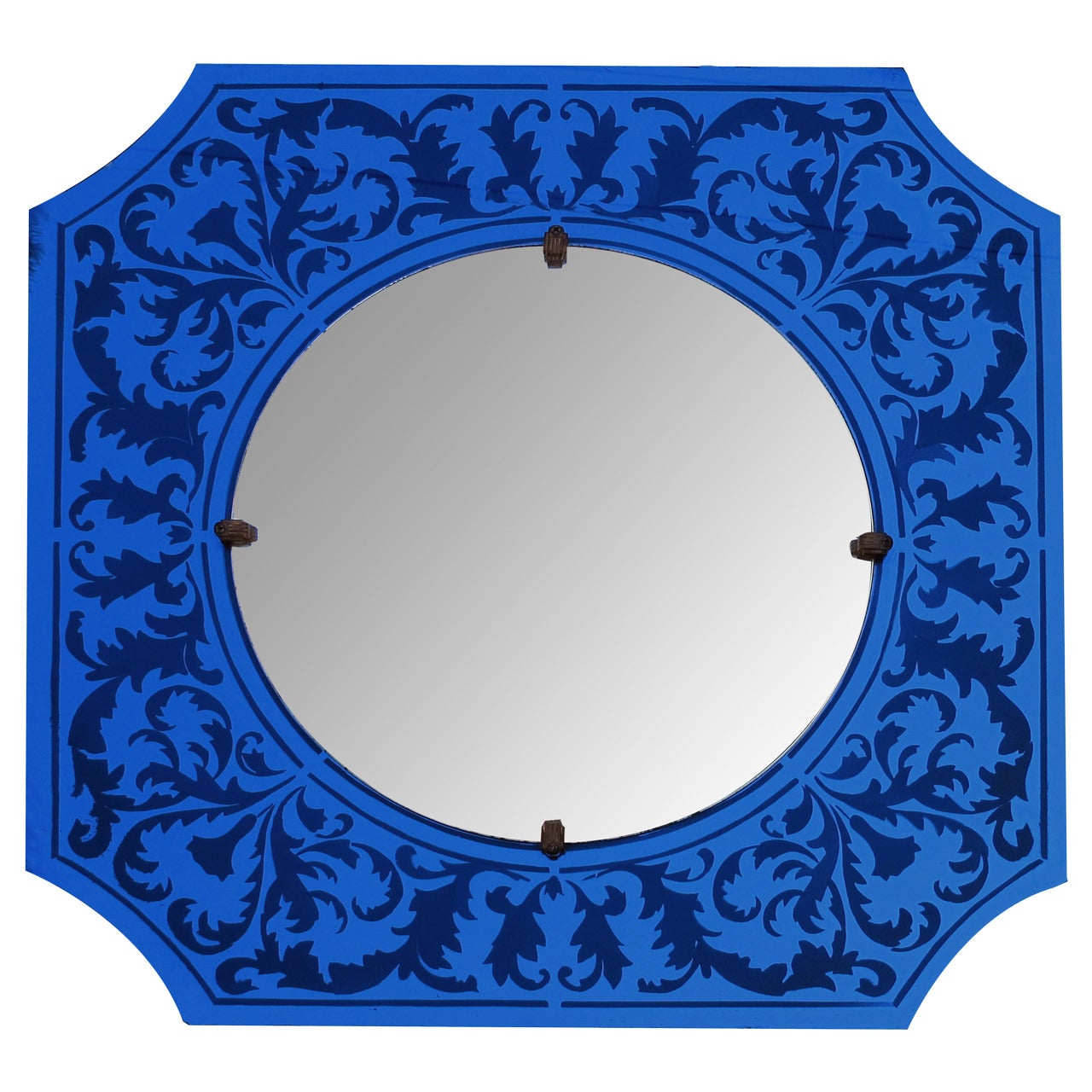 Stylish American Art Deco Bull's Eye Mirror with Etched Cobalt Blue Frame