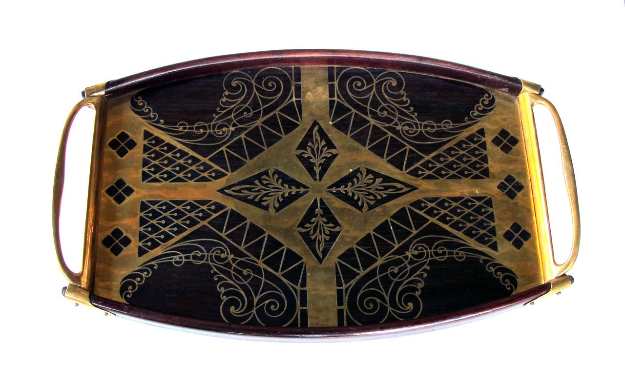 A Good Quality German Erhard & Sohne Mahogany Tray with Brass Inlay In Good Condition In San Francisco, CA