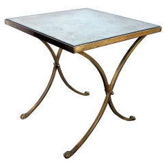 A Graceful French Bronze Square Drinks Table w/Mirrored Top and X-Form Supports
