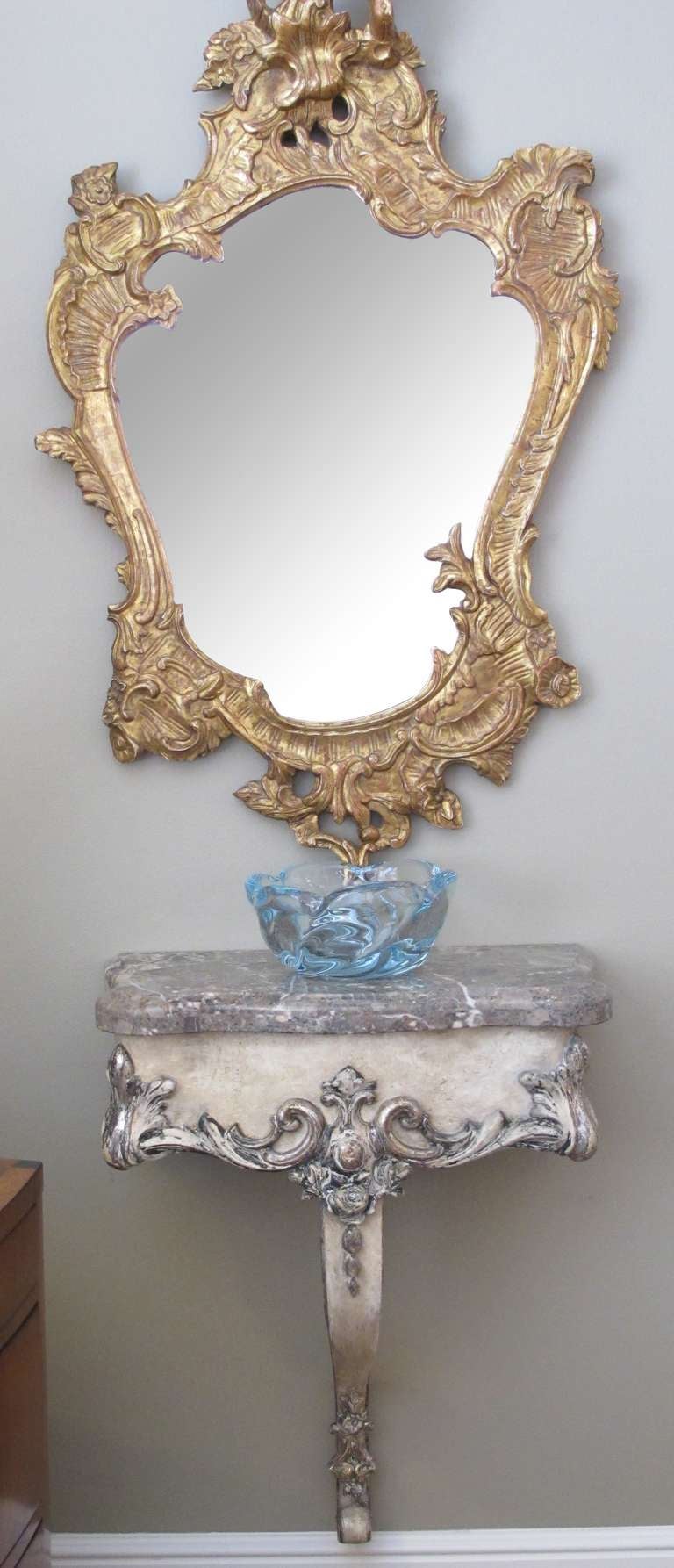 An Elegant Danish Rococo Style Ivory Painted & Parcel Gilt Hanging Wall Console Table with Breccia Paradiso Marble Top
