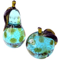 A Good Quality Pair of Stylized Fruit in Teal and Green Art Glass with Controlled Bubbles by Salviati & Co