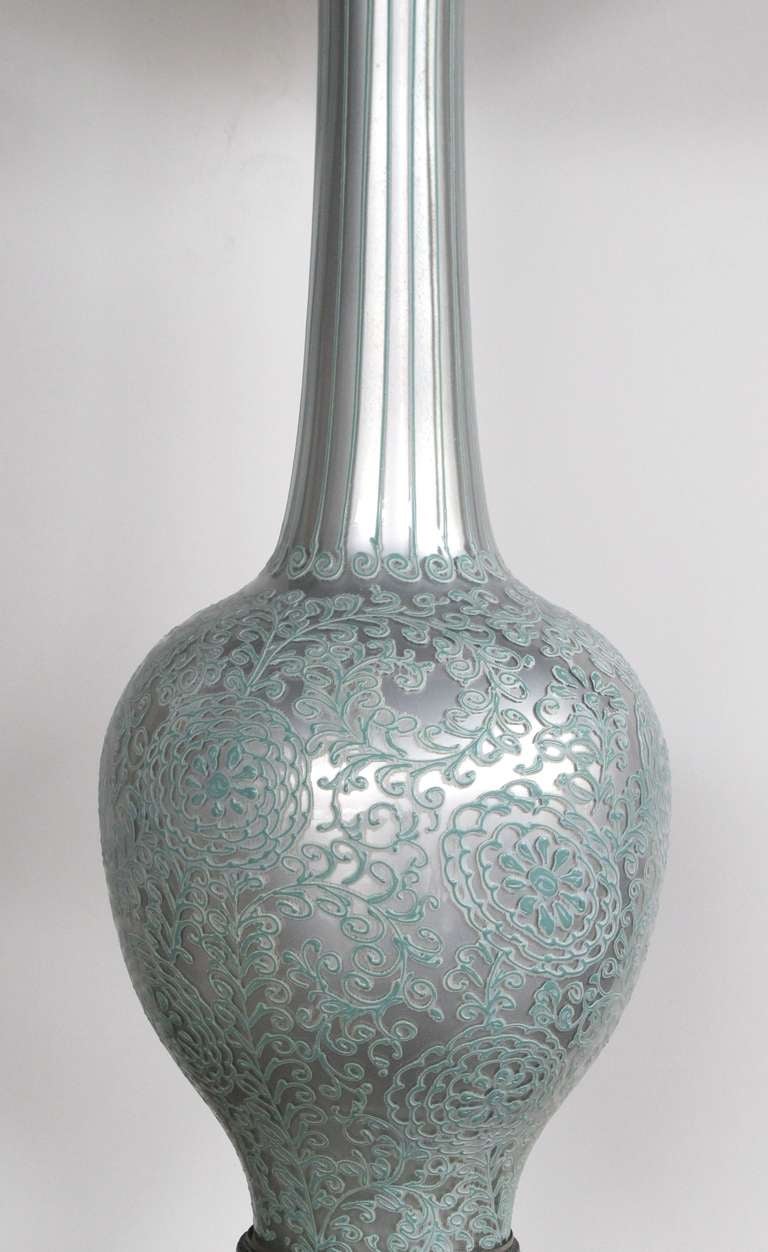 Italian An Elegant Murano Mid-Century Silver Cased-Glass Bottle-Form Lamp with Raised Aqua Decoration