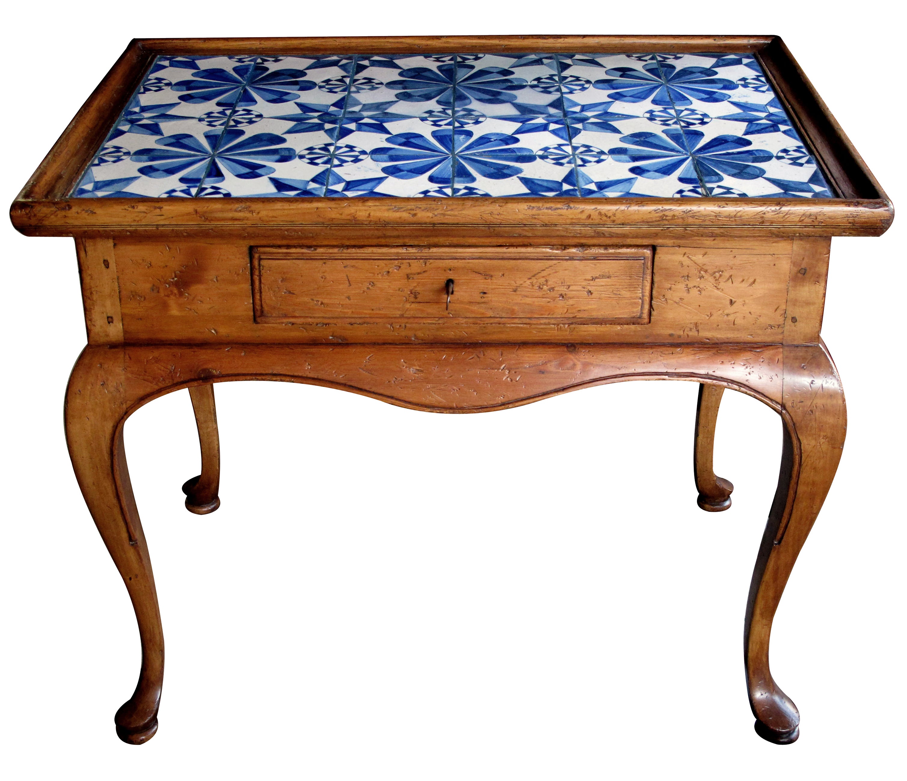 A Shapely Danish Rococo Style Stripped Pine Side Table w/Delft Tile Top