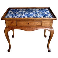 A Shapely Danish Rococo Style Stripped Pine Side Table w/Delft Tile Top