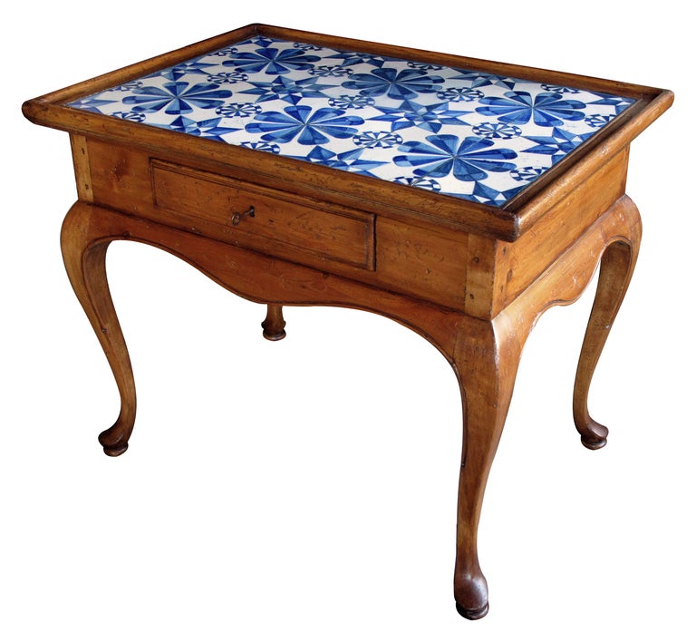 A Shapely Danish Rococo Style Stripped Pine Side Table w/Delft Tile Top 2