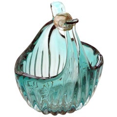A Shimmering Murano Mid-Century Aqua Marine Ribbed Art Glass Basket