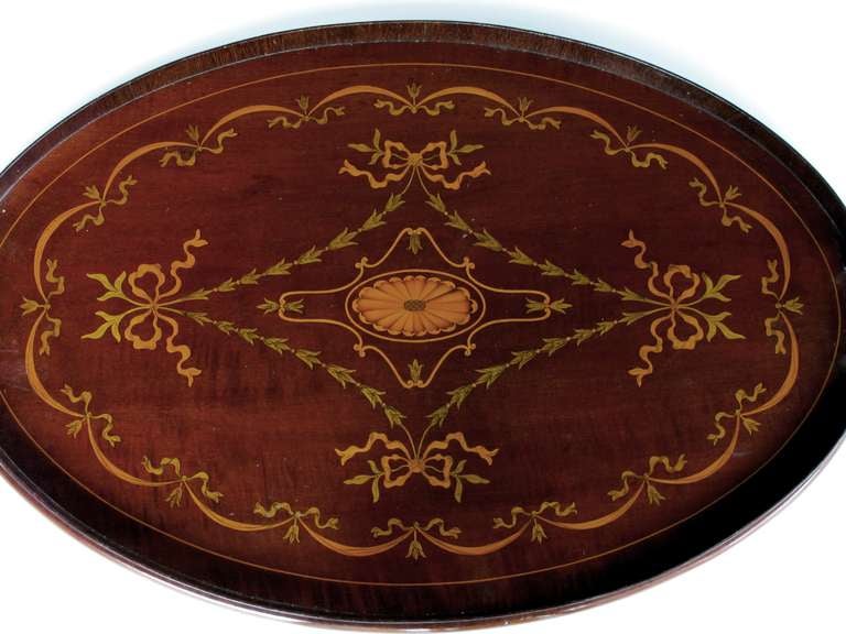 English A Large-Scaled and Finely Inlaid Victorian Mahogany Oval Butler's Tray