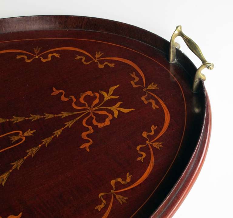 A Large-Scaled and Finely Inlaid Victorian Mahogany Oval Butler's Tray 1