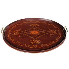 A Large-Scaled and Finely Inlaid Victorian Mahogany Oval Butler's Tray