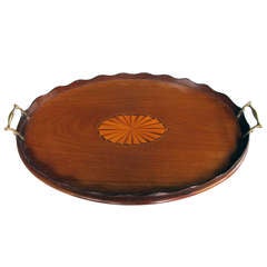 Antique A Handsome English Edwardian Inlaid Walnut Oval Serving Tray