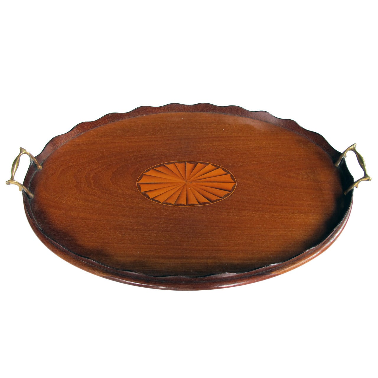 A Handsome English Edwardian Inlaid Walnut Oval Serving Tray