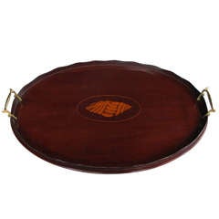 Antique A Handsome English Edwardian Inlaid Mahogany Oval Serving Tray with Shell Motif