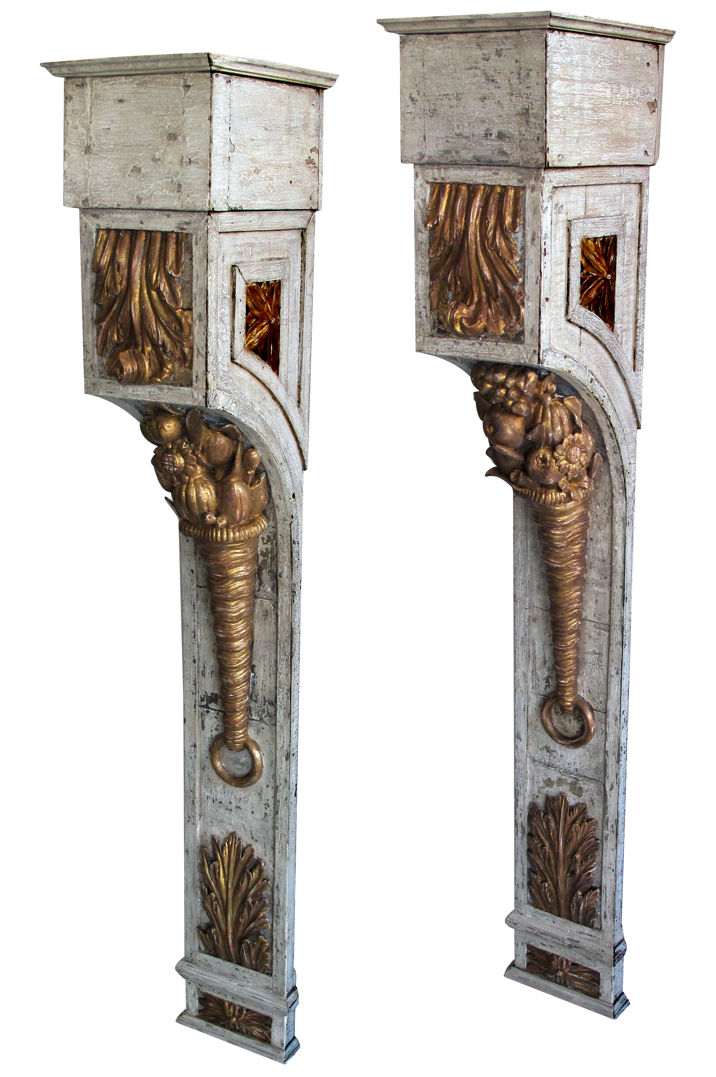 Tall Pair of French Napoleon III Ivory Painted and Parcel-Gilt Wall Brackets