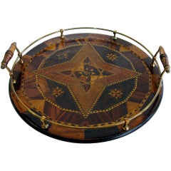 An Intricately Made English Circular Tray with Star Inlay and Brass Gallery