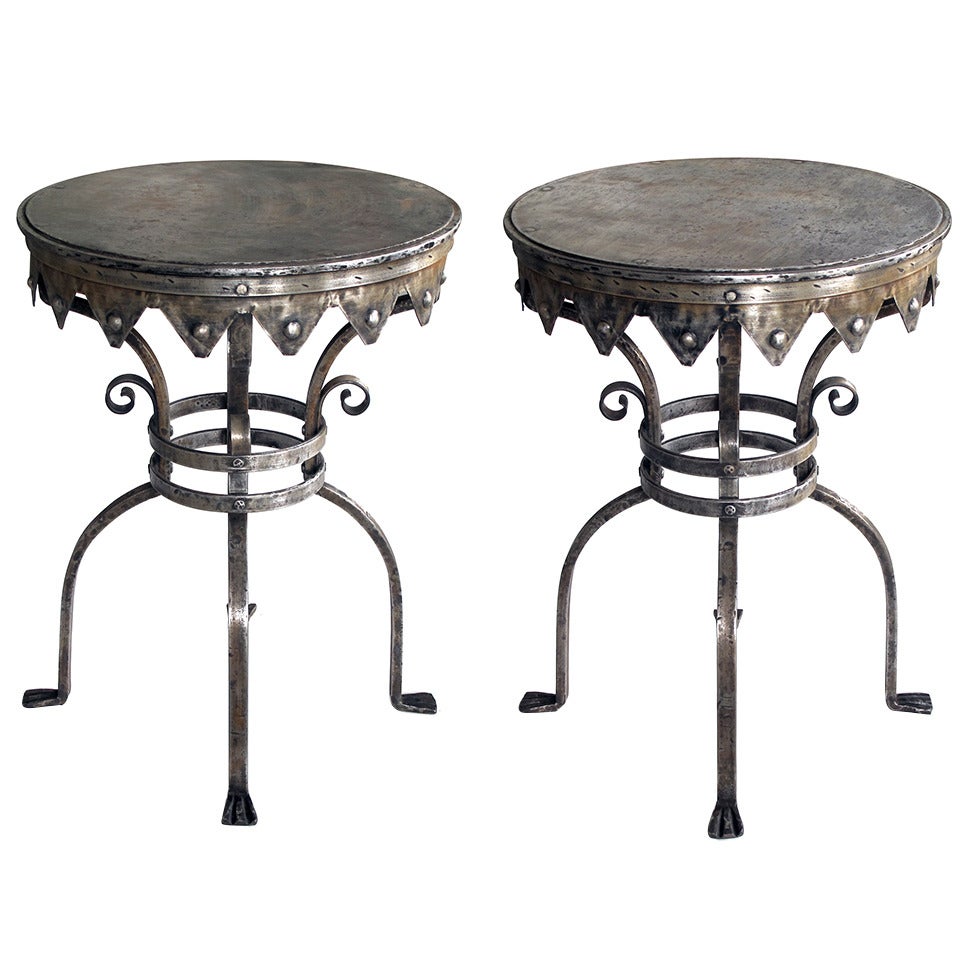 A Good Quality Pair of Continental Wrought Iron Circular Side Tables; in the Style of Samuel Yellin