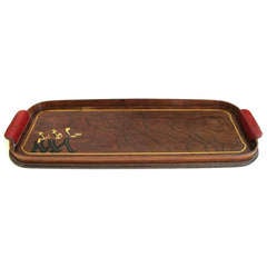 Vintage A Whimsical American Art Deco Rectangular Serving Tray with Red Bakelite Handles