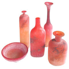 A Rare and Vibrant Set of 5 Murano Scavo Vases and Bowl in Lava Red Glass; Each Signed 'Gino Cenedese'